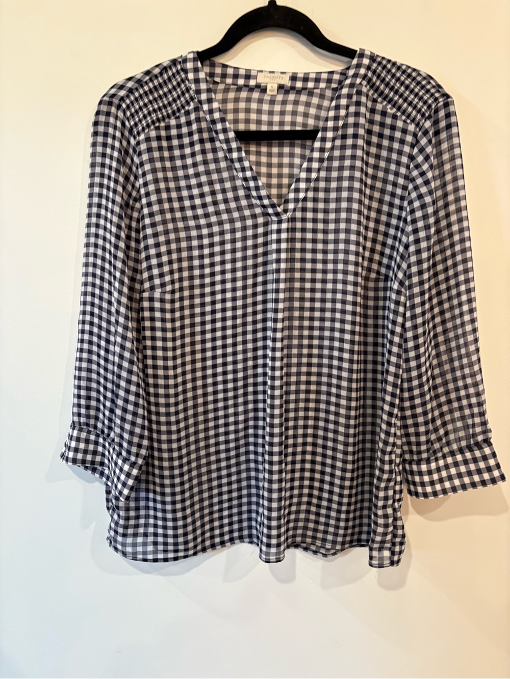 Talbots Navy & White Gingham V-Neck Sheer Blouse